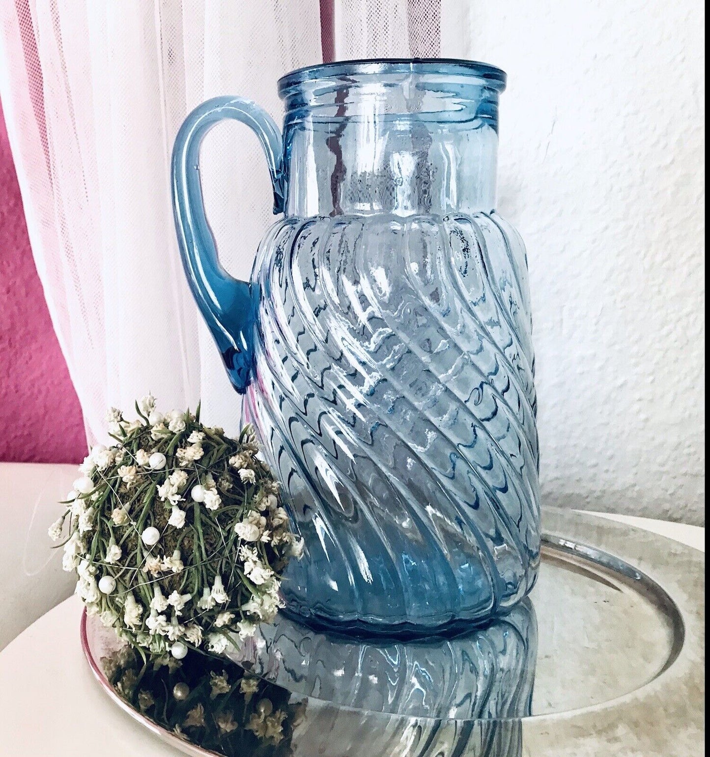 Antik Art Déco Kanne Krug Glaskrug Karaffe Glas blau Walzenmuster