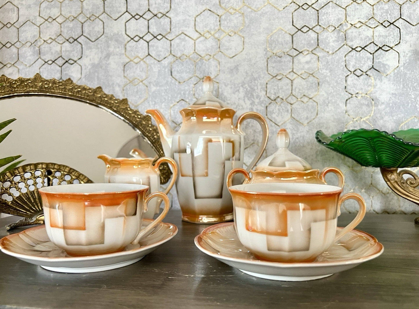 Antik Art Déco Porzellan Kaffeeservice Spritzdekor Bauhaus Teté a Téte 2 Pers.