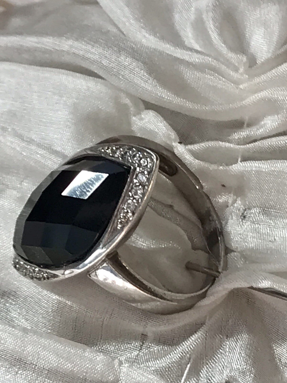 Vintage Onyx? & farblose Steine DAMEN RING Silber 925 Gr.57 58 Schiffchen