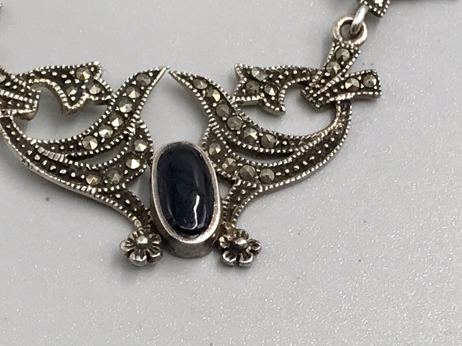 Antik Edel Jugendstil Art Déco 925 Silber Collier Halskette mit Onyx & Markasite