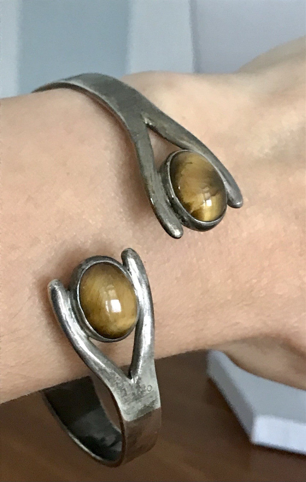 Vintage Set Halsreif Armspange Armband Collier 925 Silber Halskette Tigerauge