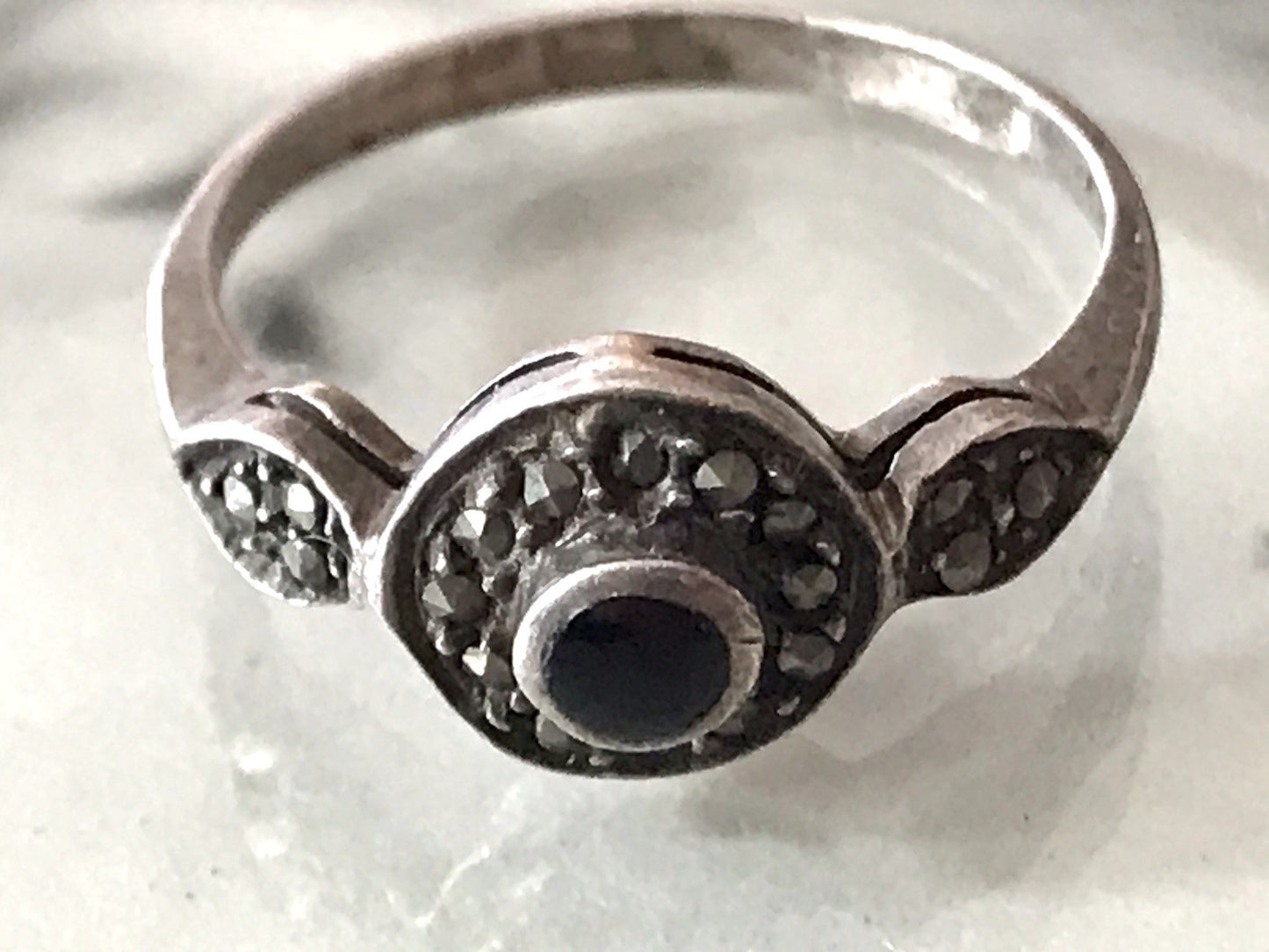 Antik Art Déco Edel Onyx Markasite DAMEN RING Silber 925 Gr.51 16,2