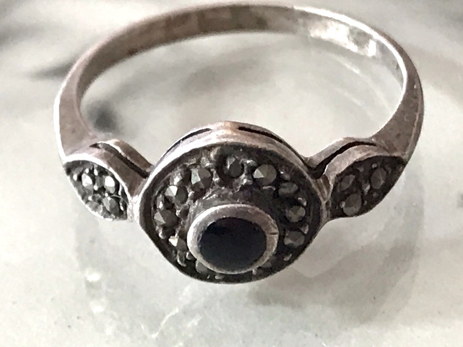 Antik Art Déco Edel Onyx Markasite DAMEN RING Silber 925 Gr.51 16,2