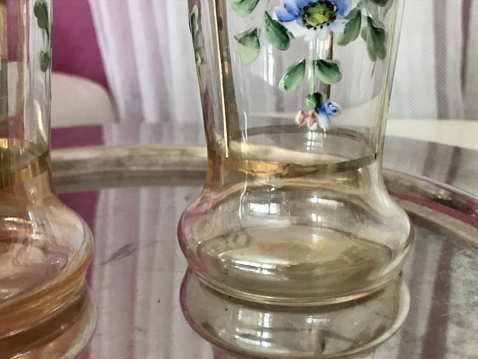 Antik Jugendstil Emaile -Malerei Glas Fußbecher Becher Pokal Bierglas irisierend