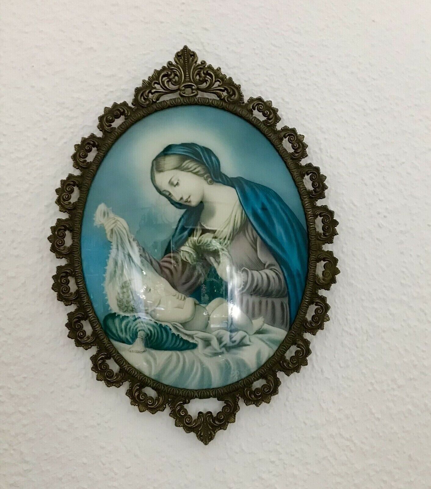 Alt Vintage Bilderrahmen Messing ? Guss ? Votivbild gewölbtes Glas Madonna&Jesus