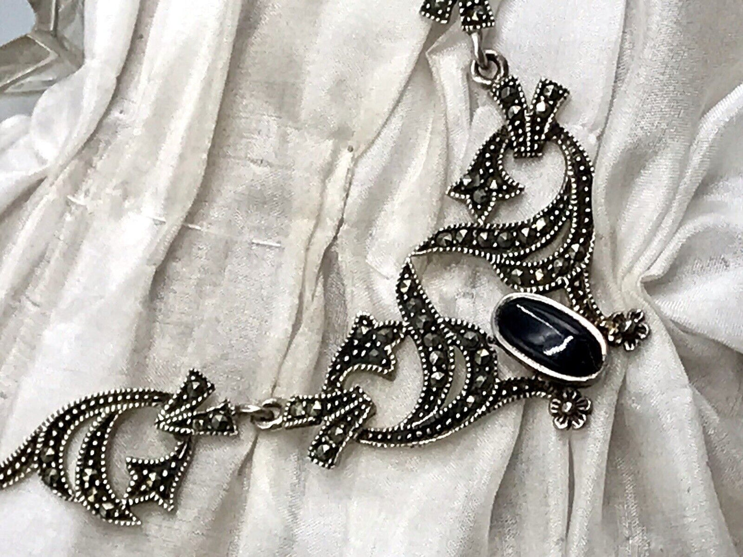 Antik Edel Jugendstil Art Déco 925 Silber Collier Halskette mit Onyx & Markasite