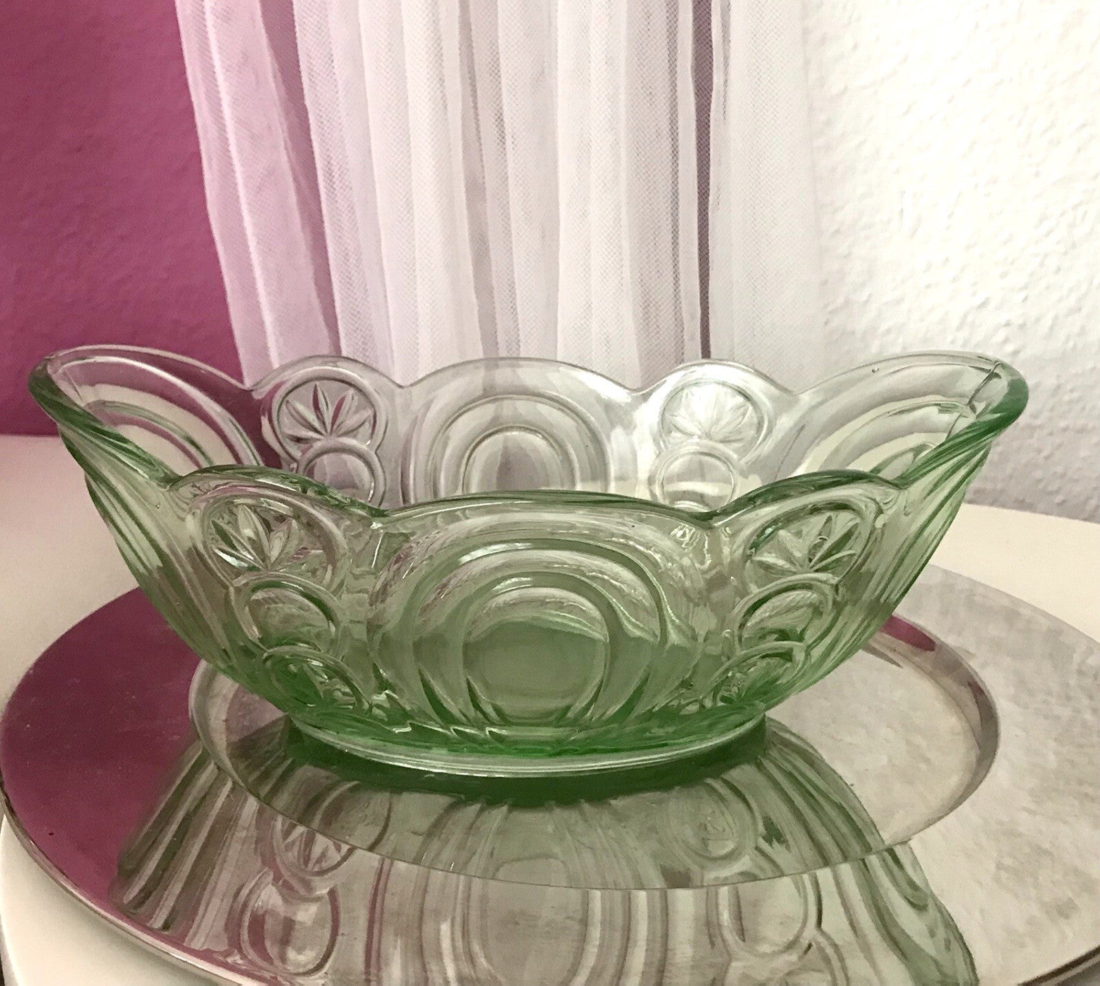 Antik Art Déco Jardiniere Schale Pressglas Glasschale grün Obstschale