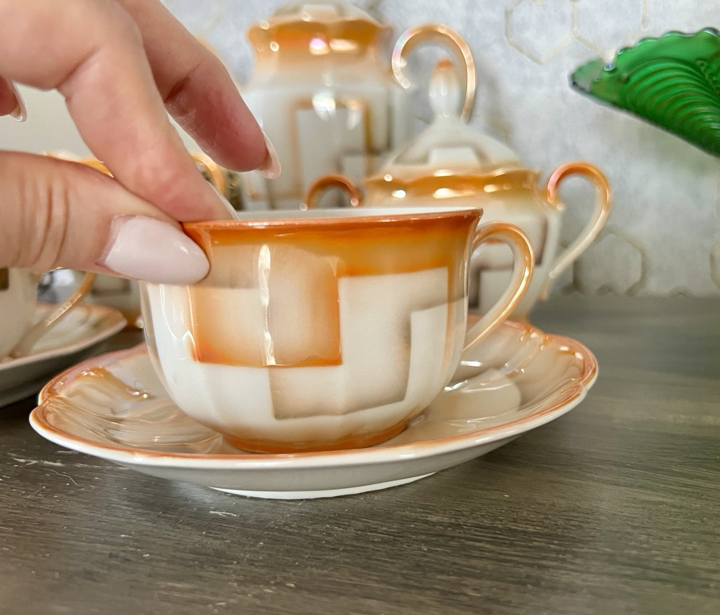 Antik Art Déco Porzellan Kaffeeservice Spritzdekor Bauhaus Teté a Téte 2 Pers.