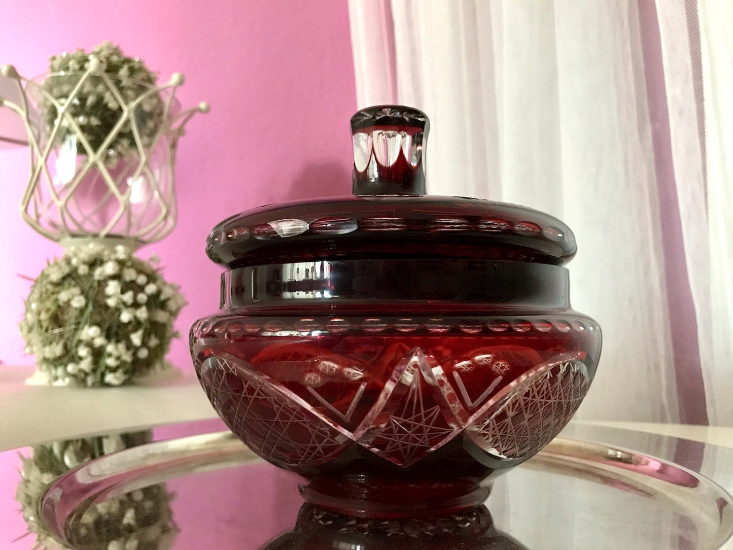 Vintage EDEL Glasdose Deckeldose Bonboniere Kristallglas Schliff Rubin Rot