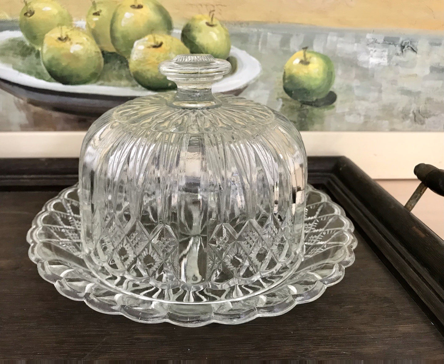 Antik Art Déco Glas Pressglas Käseglocke Butterglocke Glas