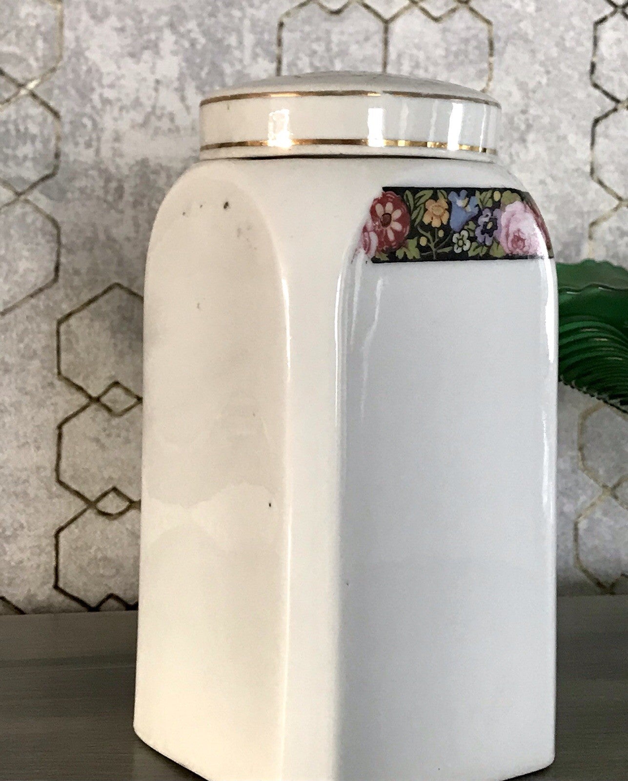 Antik Porzellan Dose Vorratsgefäß Vorratsdose Sago Blumenborte Art Déco