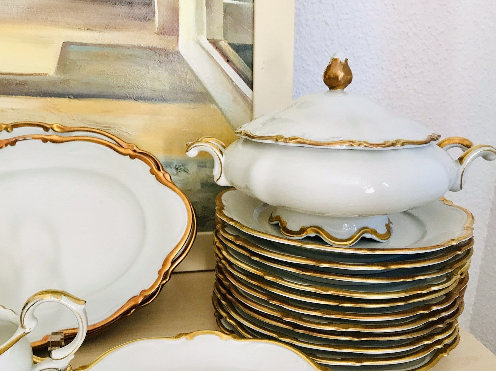 Antik Art Déco Porzellan Tafelservice goldene Ranke EDEL Mitterteich 12 Personen