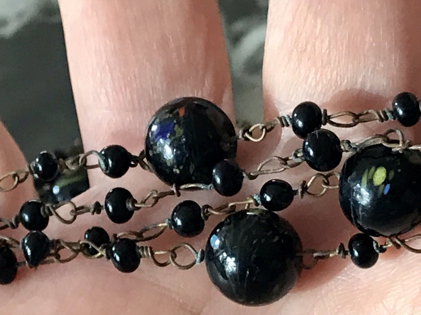 Alt antik? Vintage lange Halskette Kette schwarze Murano Perlen Sehr Schön
