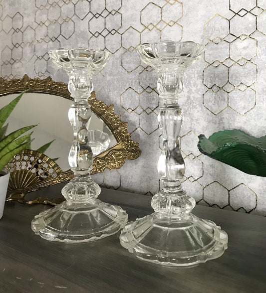 Antik Art Déco 2x Kerzenleuchter Leuchter Kerzenständer Pressglas Glas
