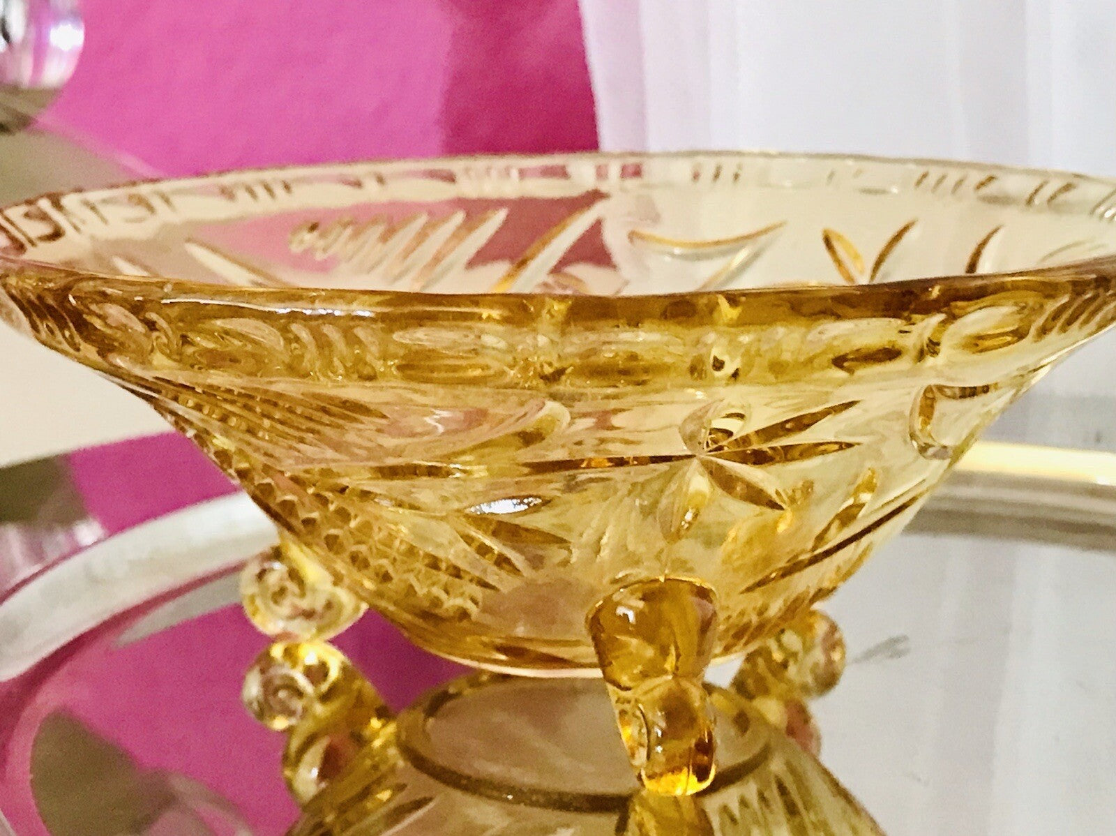 Antik gelb Art Déco Schale Pressglas Glasschale 3füßig So Schön!