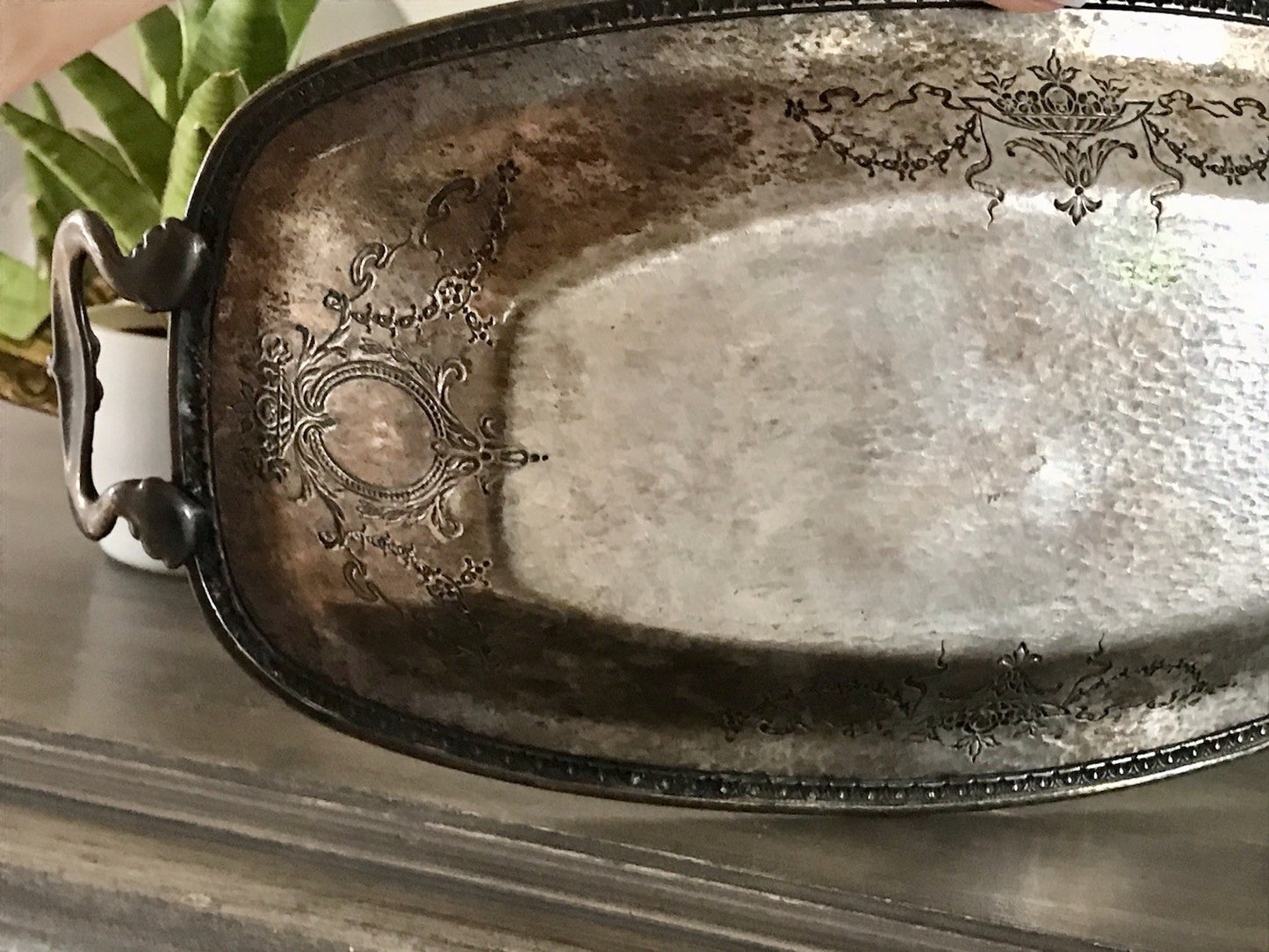 Antik Schale versilbert Art Nouveau Jugendstil  um 1900 oval Handhaben Relief