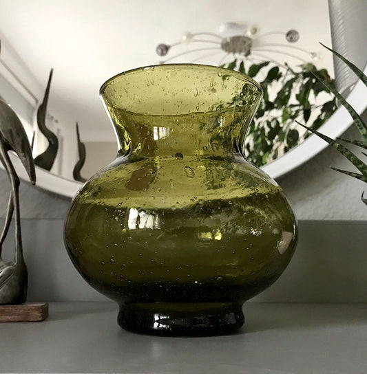 Vintage 60er Design Glasvase Glas oliv Grün Vase  Mid Century Bubble