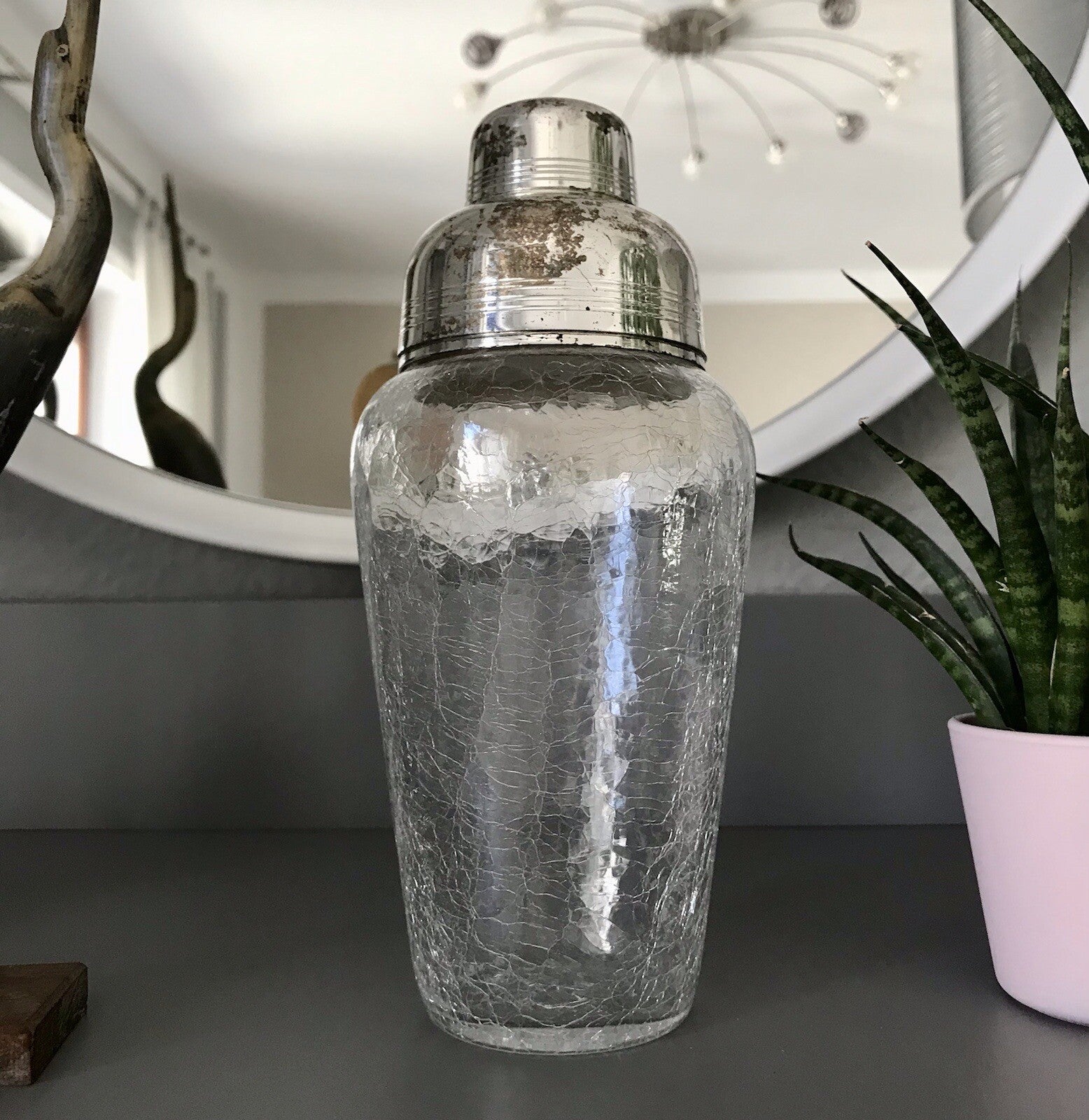Vintage Glas 60er Craquelée versilbert Montur Getränke Cocktail Shaker