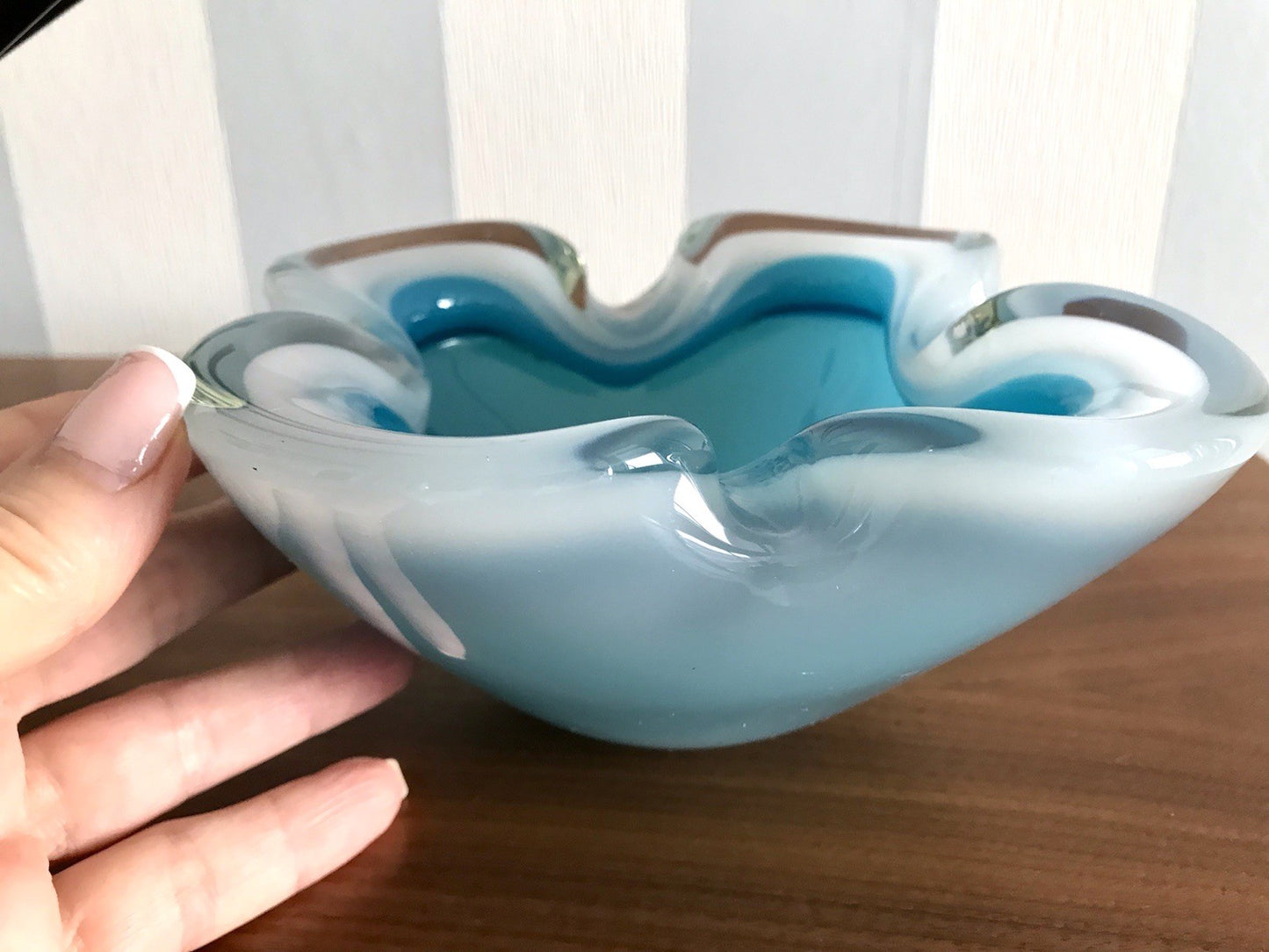 Vintage 60er Murano Glas Schale Barovier? türkis blau weiß edel