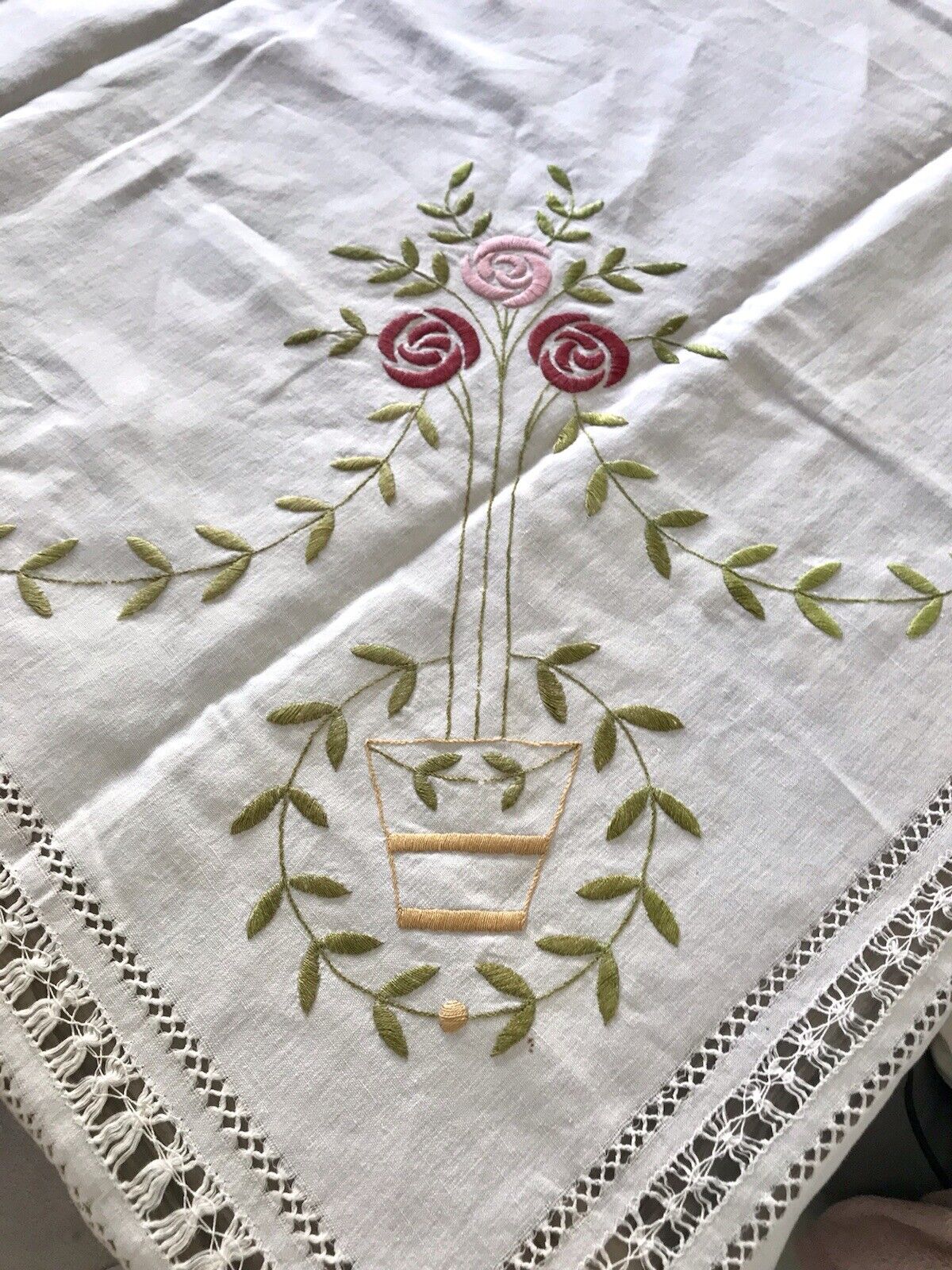 Antik Leinen Jugendstil Tischdecke natur bunt Rosen Stickerei 136 cm x 205 cm