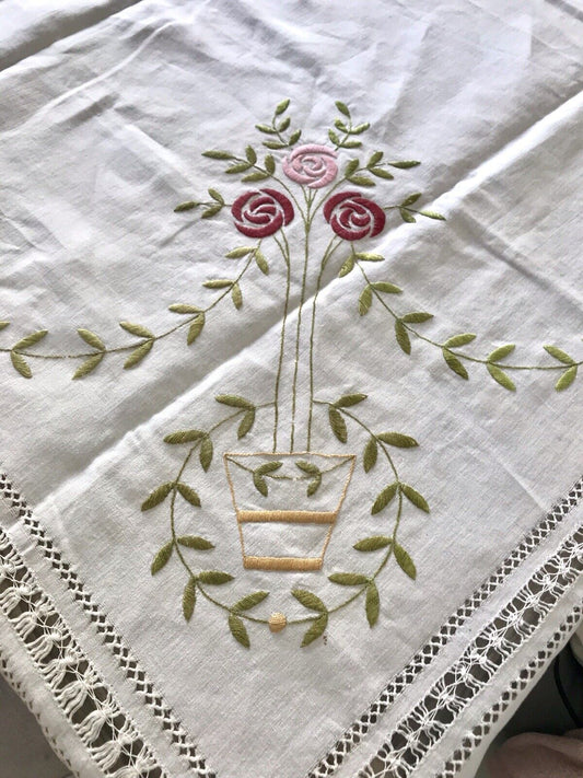 Antik Leinen Jugendstil Tischdecke natur bunt Rosen Stickerei 136 cm x 205 cm