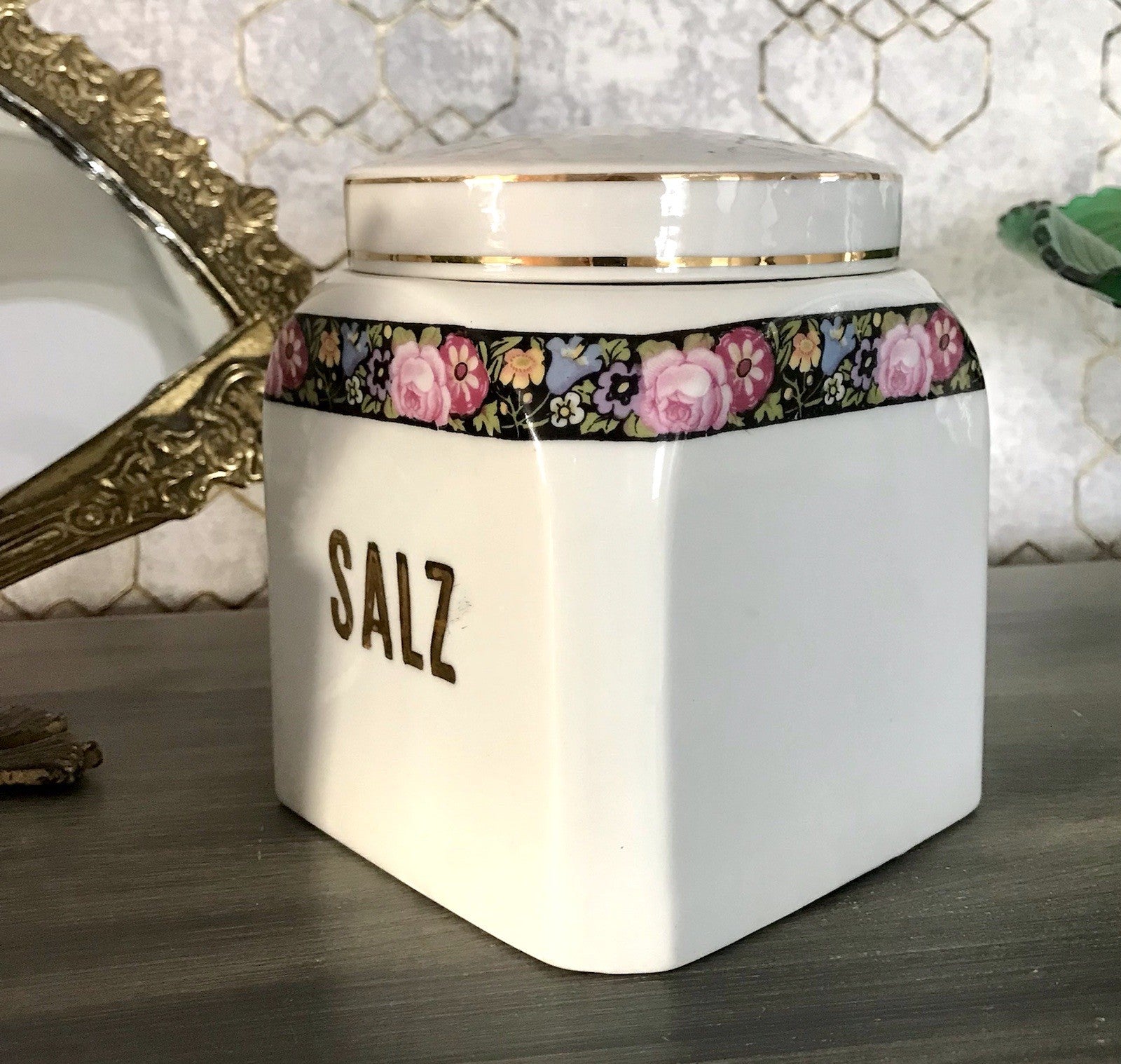 Antik Porzellan Dose Vorratsgefäß Vorratsdose Salz Blumenborte Art Déco