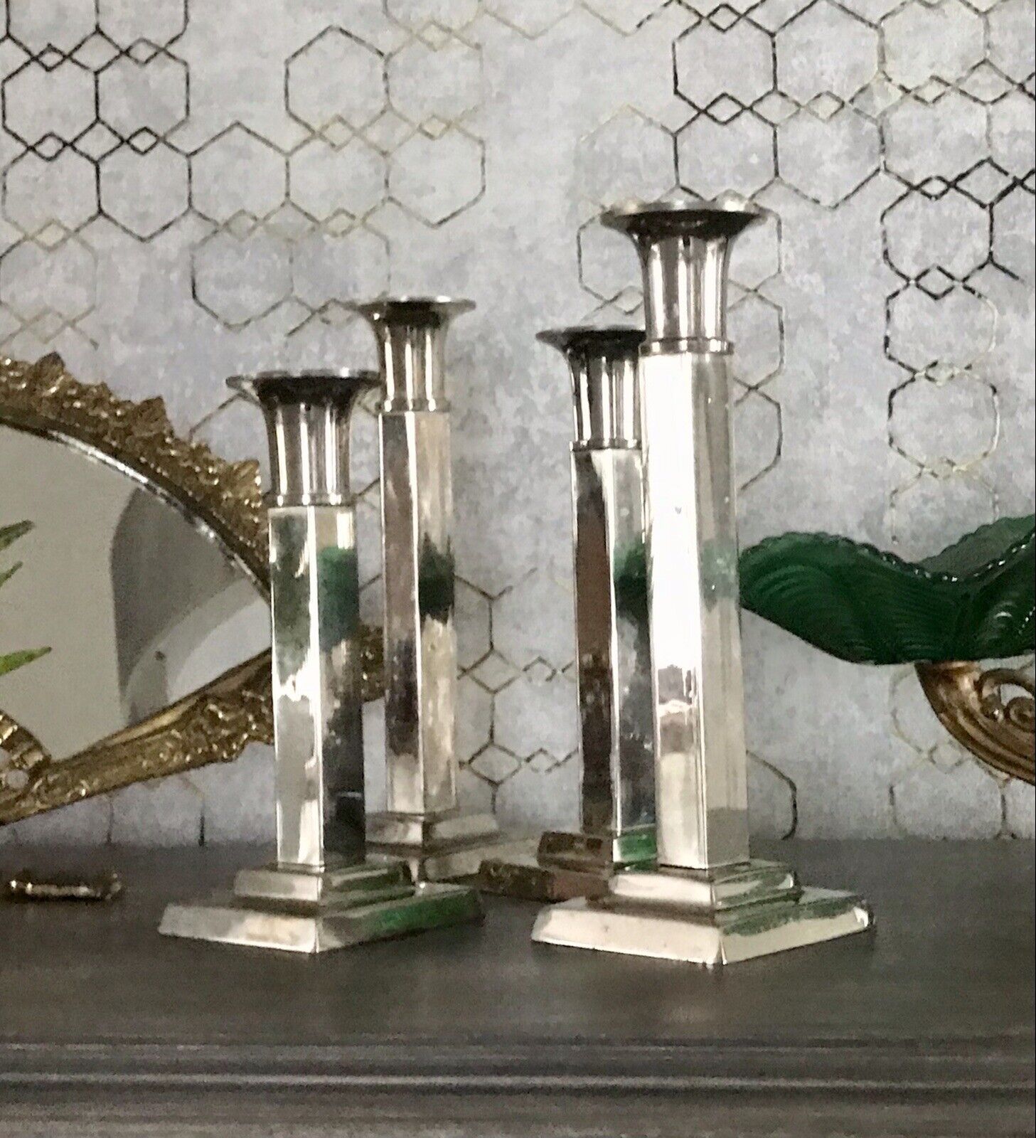4 Kerzenleuchter Kerzenständer Leuchter Art Déco Stil versilbert? kantig
