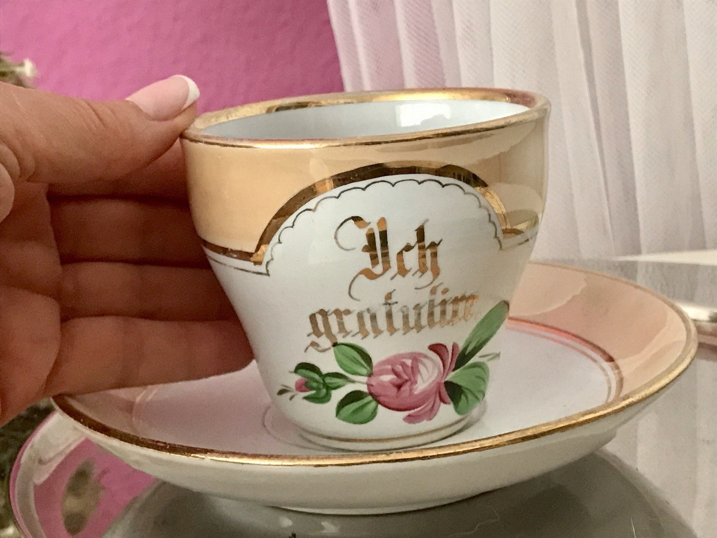 Antik Keramik ? Porzellan? Andenken Gedeck Sammeltasse Tasse „Ich gratulire“