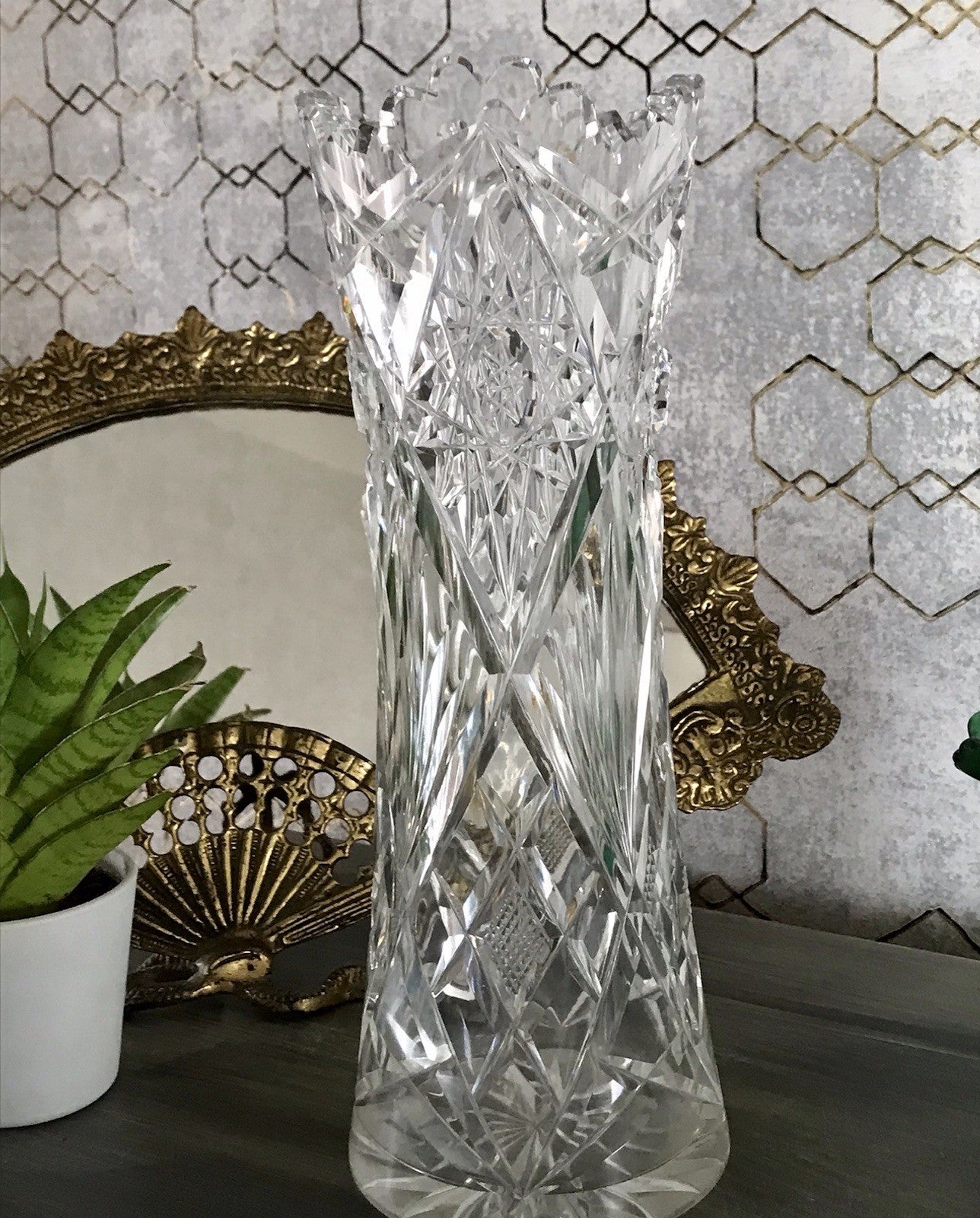 Alt Vintage Vase Glasvase Kristallglas Bleikristall geschliffen in Art Déco Stil