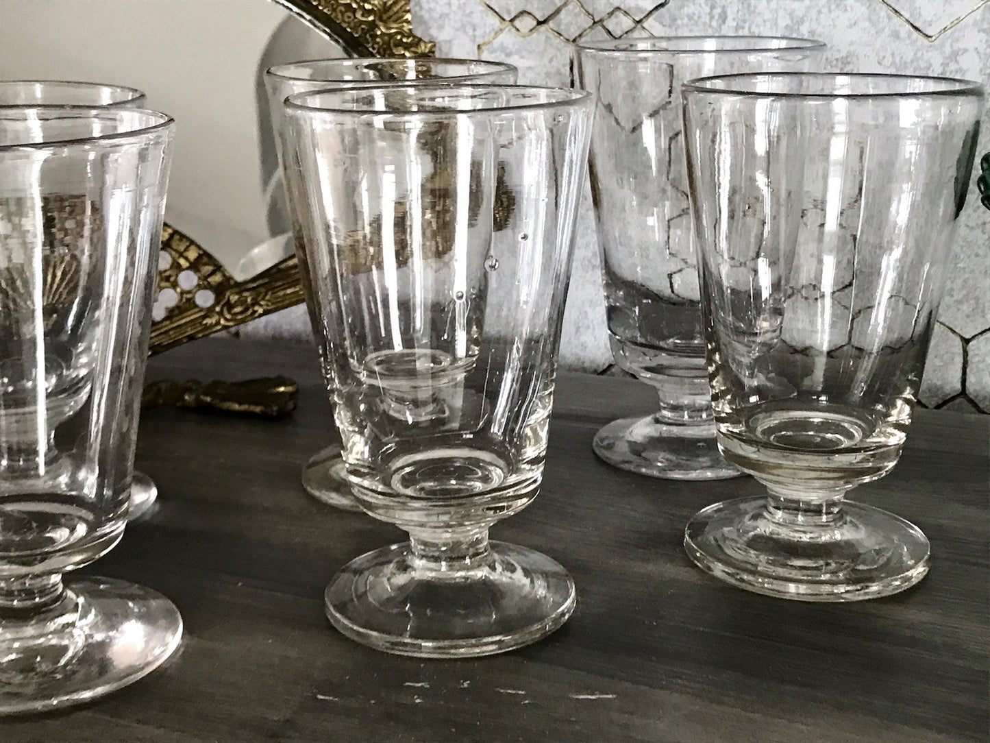 Antik 6 Fußbecher Becher Weinglas Pokalglas Glas ~ 1900 Eichstrich mundgeblasen