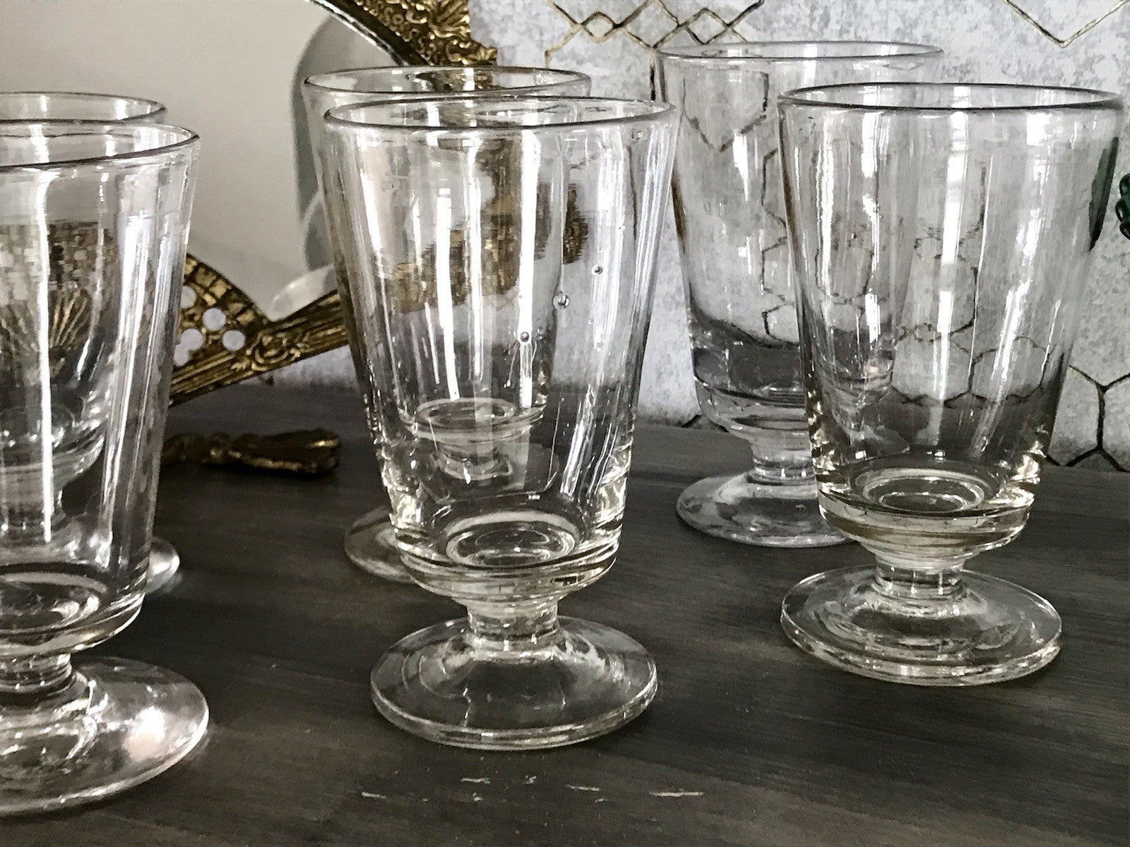 Antik 6 Fußbecher Becher Weinglas Pokalglas Glas ~ 1900 Eichstrich mundgeblasen