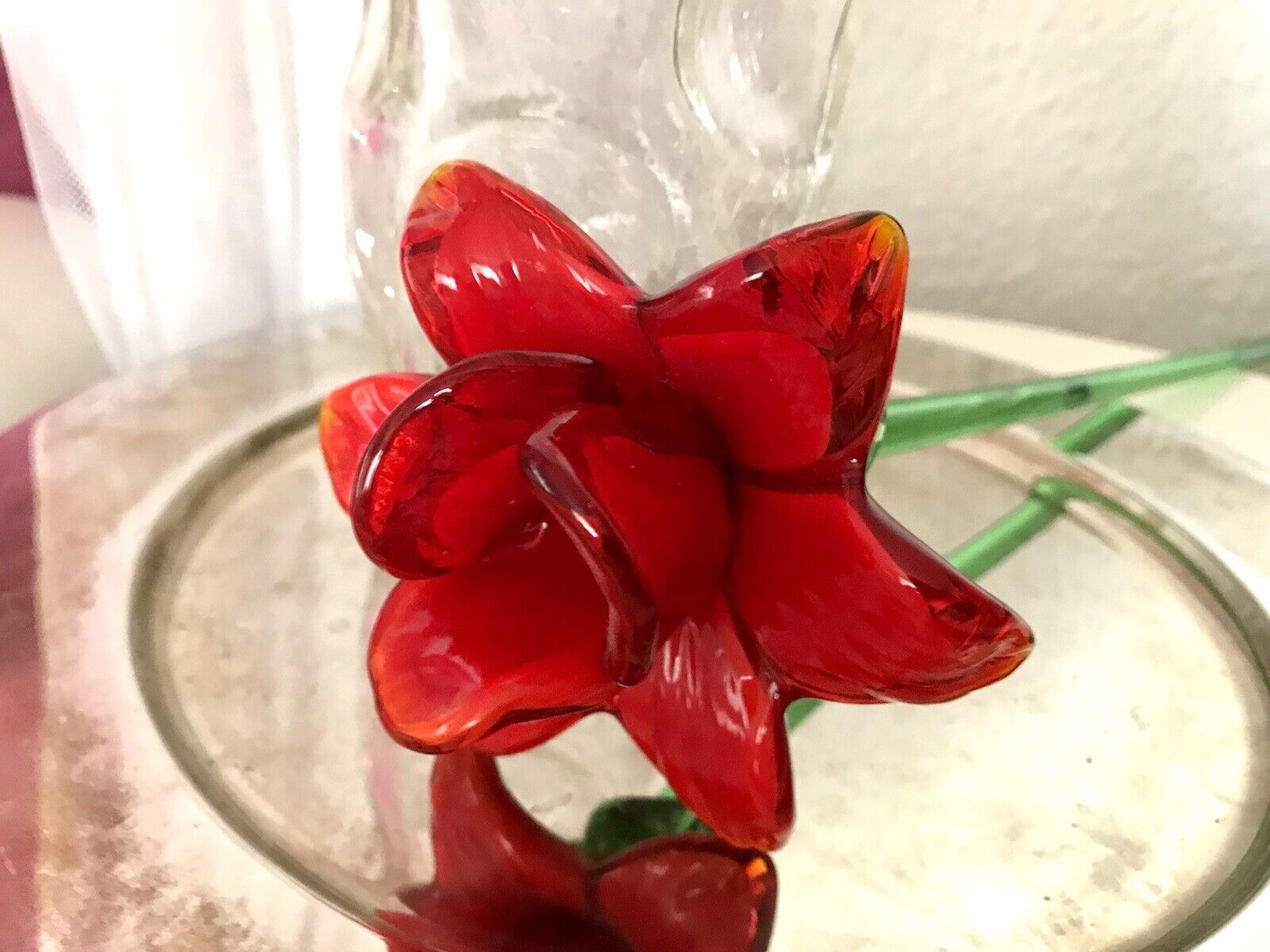 Vintage Murano ? 60er Jahre Glas Blume rote Rose mit Stiel ca. 50 cm lang