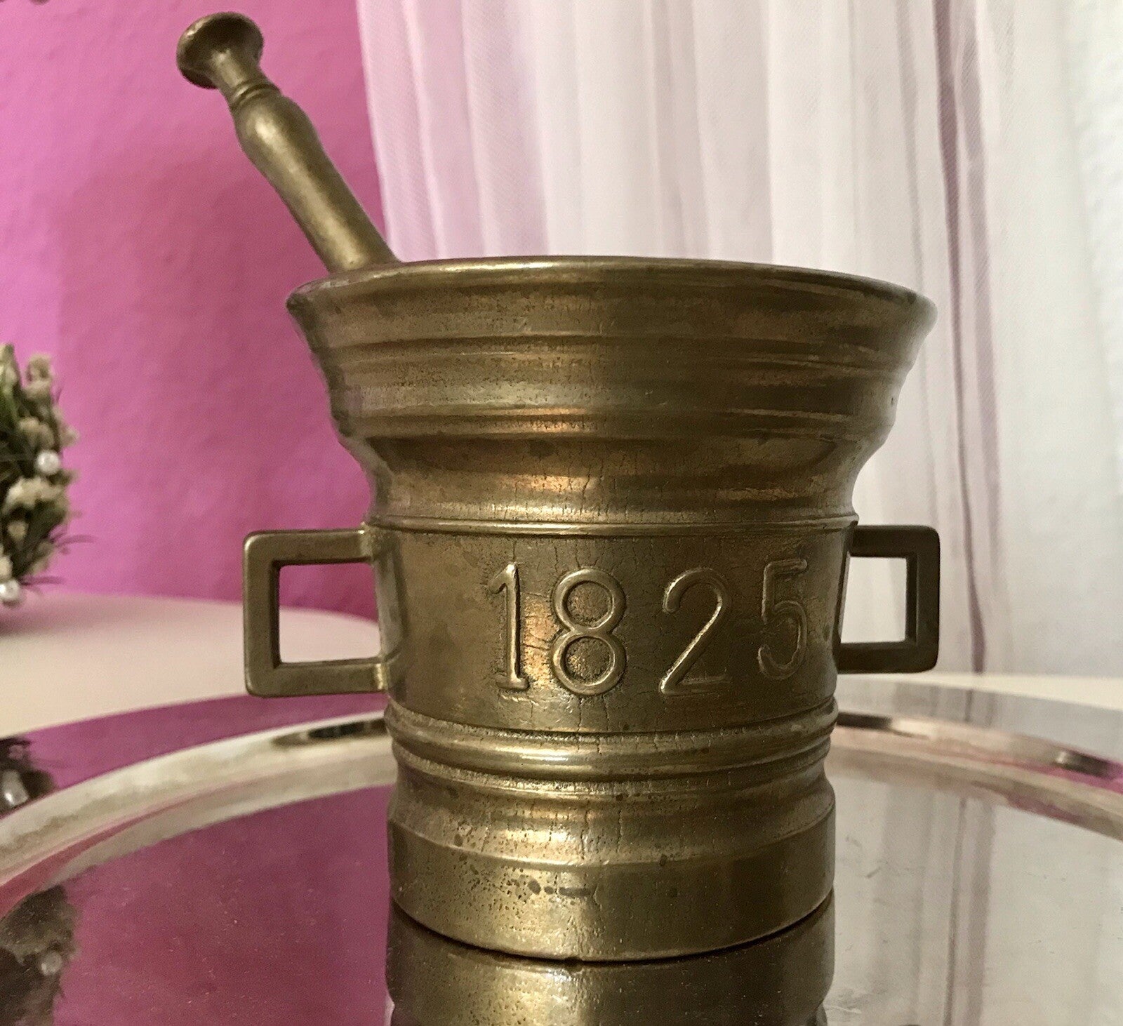 Alt Vintage Messing Mörser mit Pistill Stößel 1825 Replik