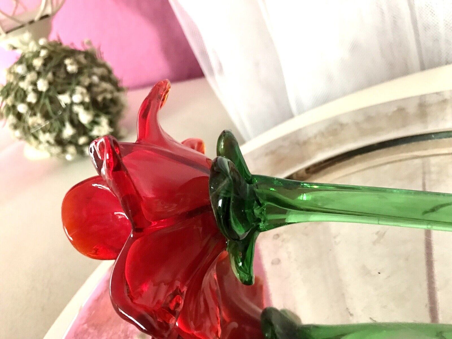 Vintage Murano ? 60er Jahre Glas Blume rote Rose mit Stiel ca. 50 cm lang