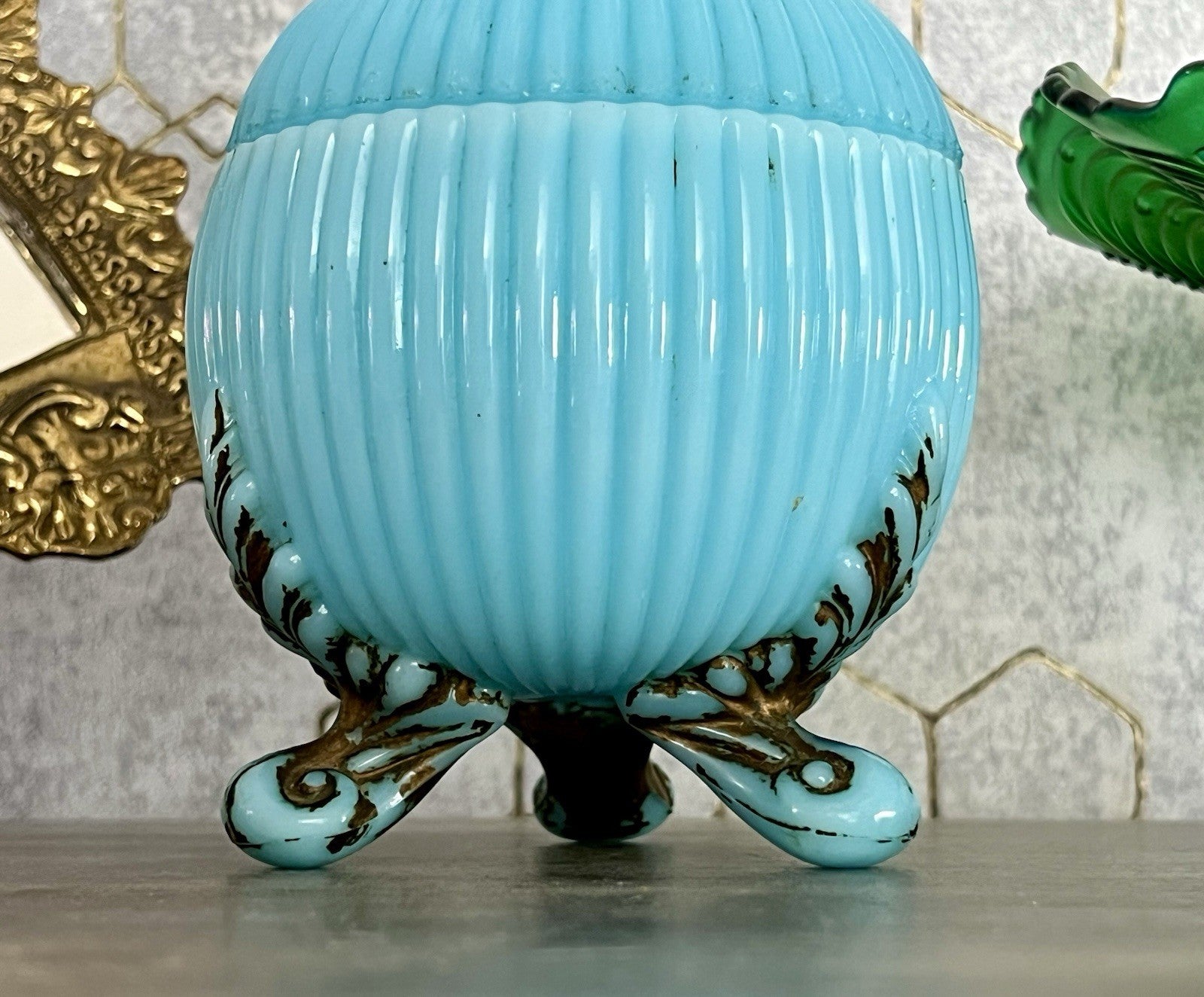 Antik Jugendstil Glasdose Kugel Dose Opalglas Deckeldose blau Pressglas SCHÖN!