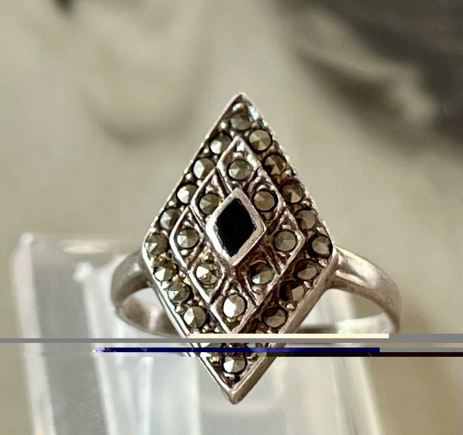 Antik Art Déco Edel Onyx Markasite DAMEN RING Silber 925 Gr.55