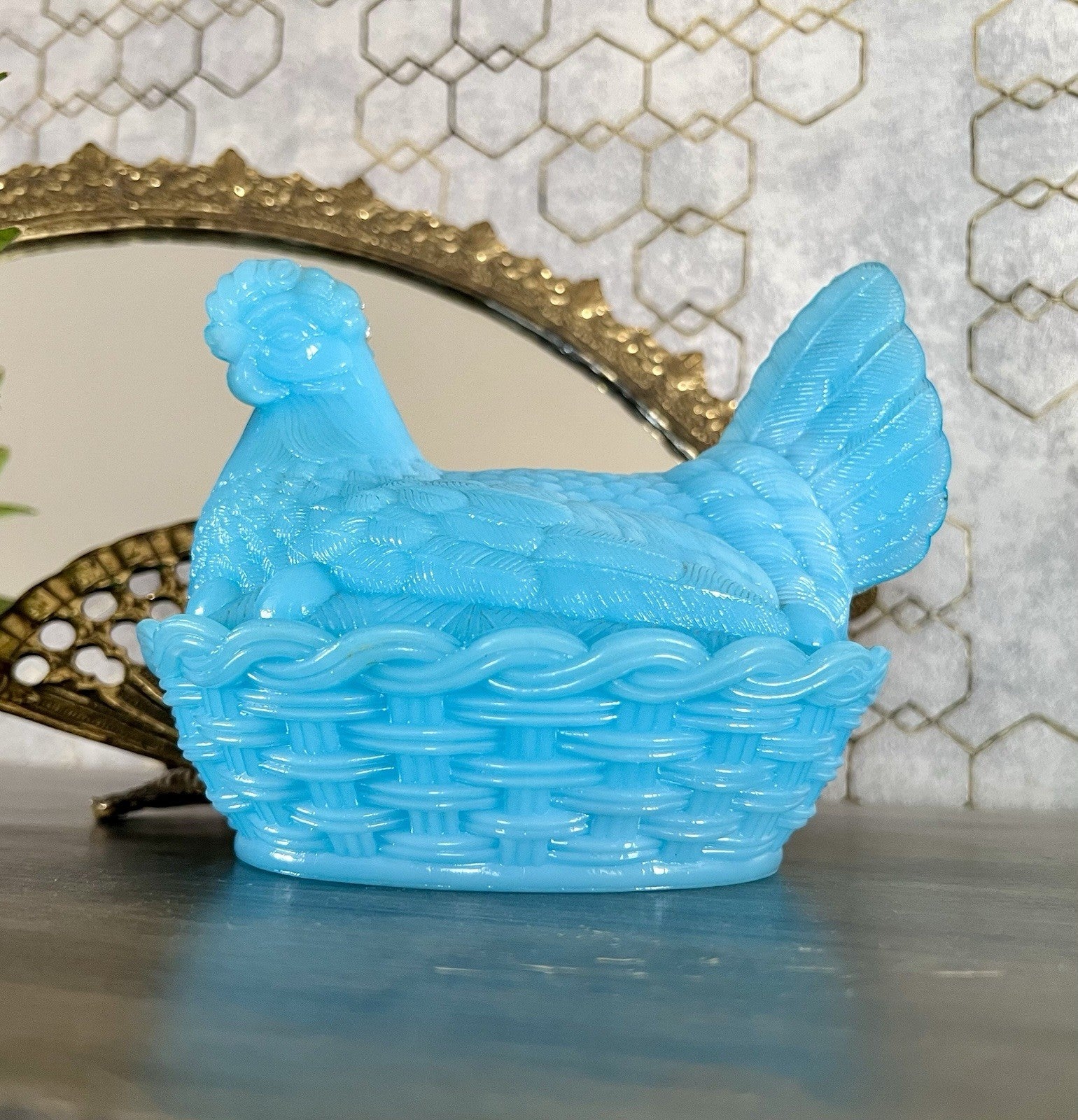 Antik Jugendstil Glasdose Dose Opalglas Deckeldose Pressglas Henne Blau