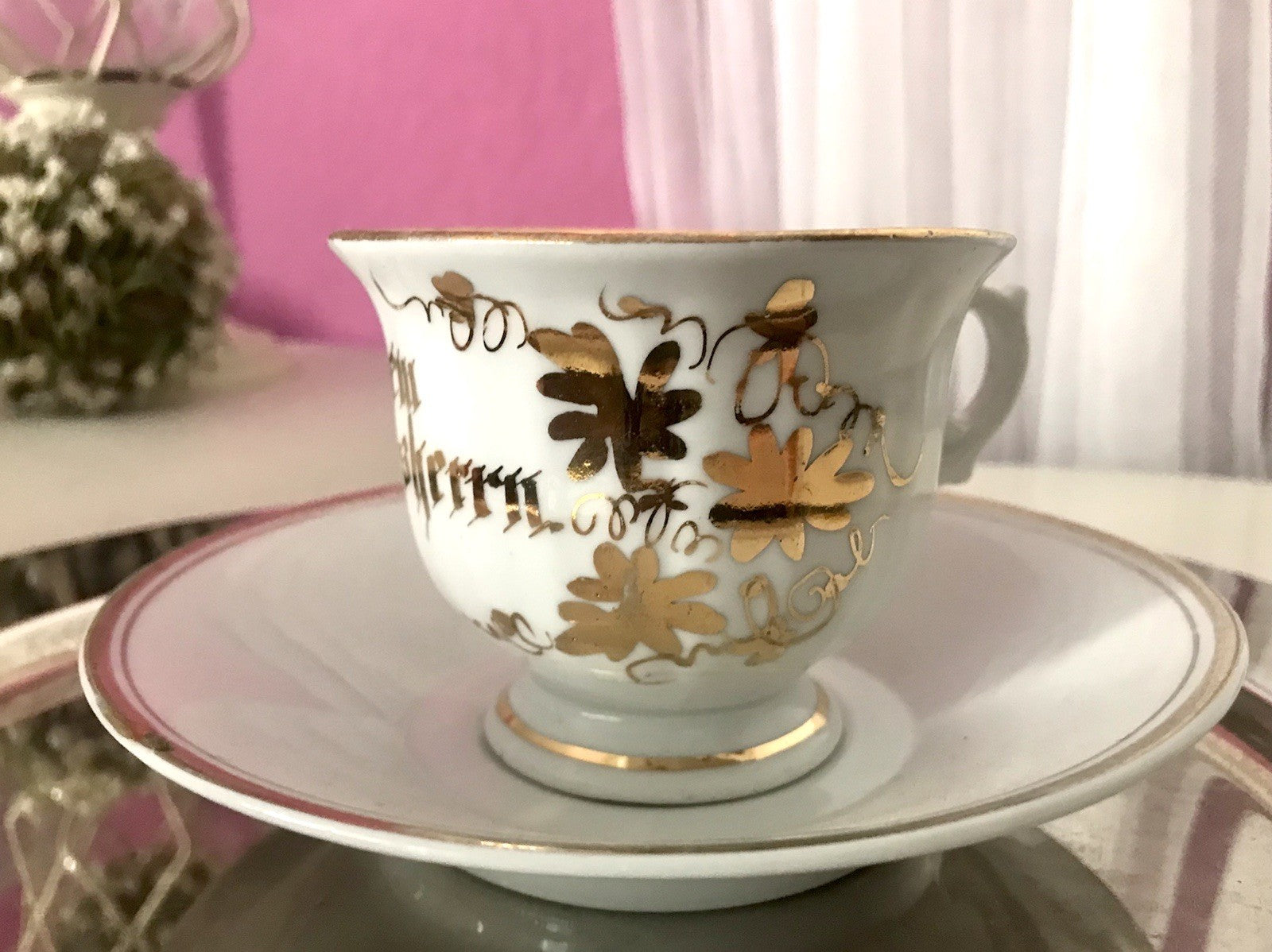 Antik Porzellan Andenken Becher Gedeck Sammeltasse Tasse „Dem Hausherrn“