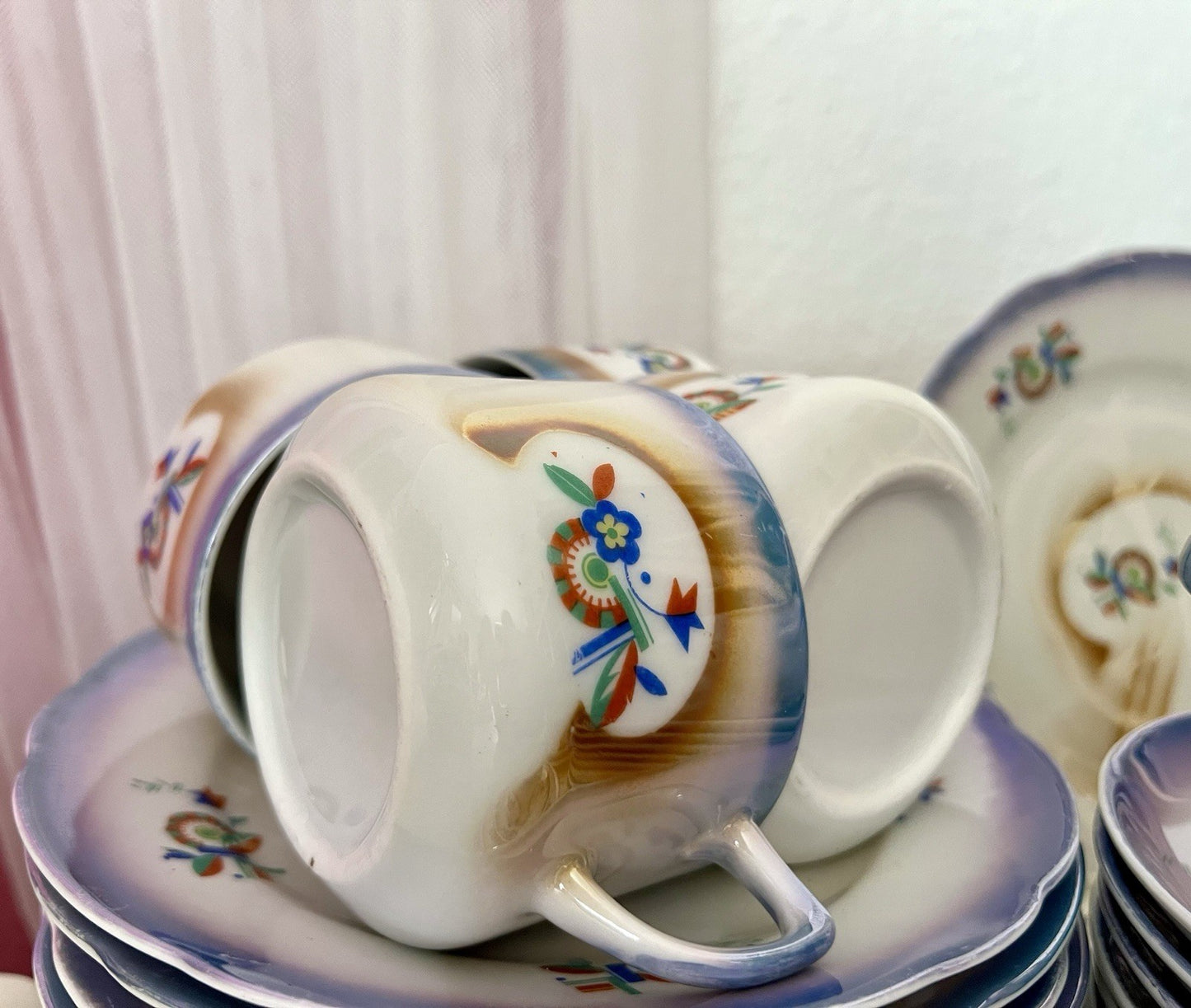 Antik Art Déco Porzellan Kaffeeservice Spritzdekor Teeservice 9 Pers. plus