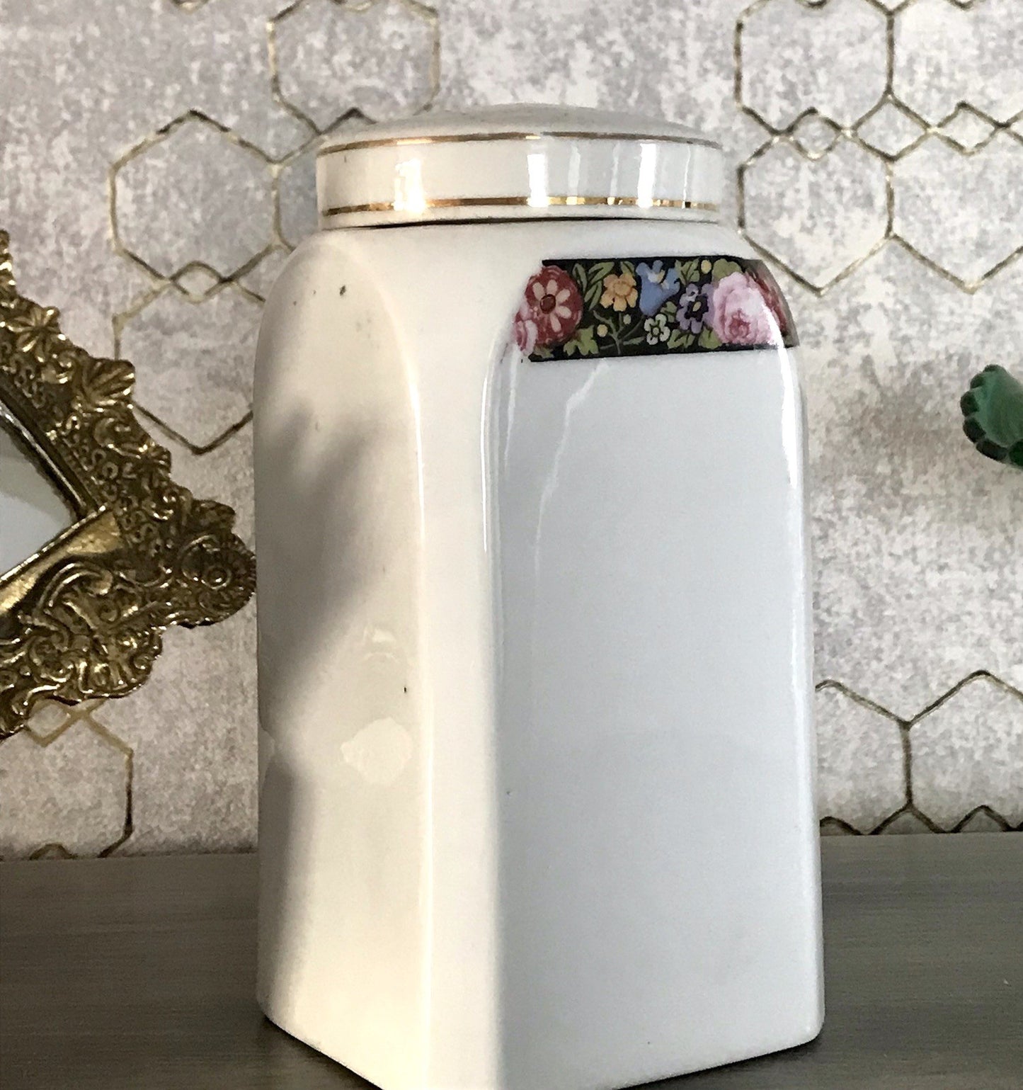 Antik Porzellan Dose Vorratsgefäß Vorratsdose Sago Blumenborte Art Déco