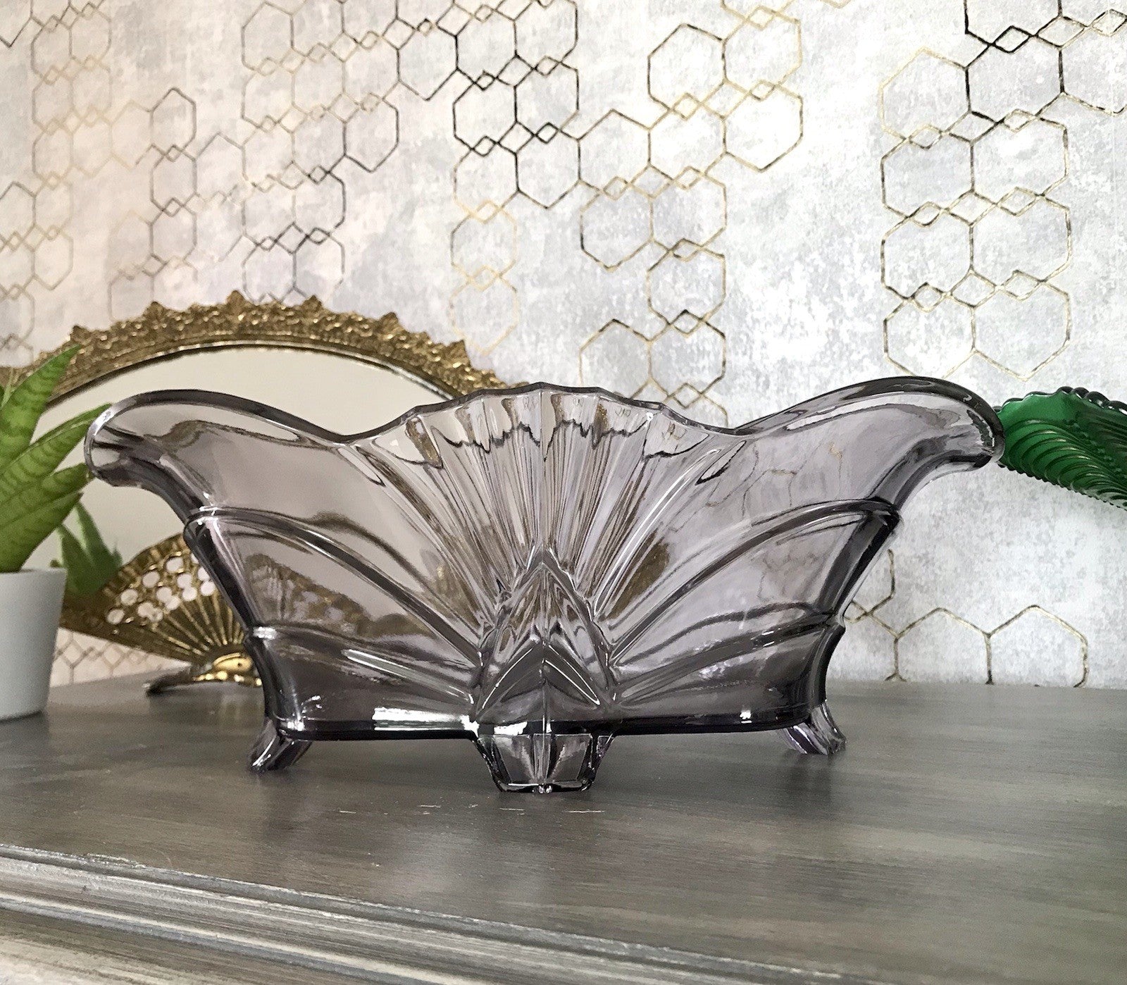 Antik Art Déco lila Pressglas Schale Glas Brockwitz Fruchtschale 1941 Jardiniere