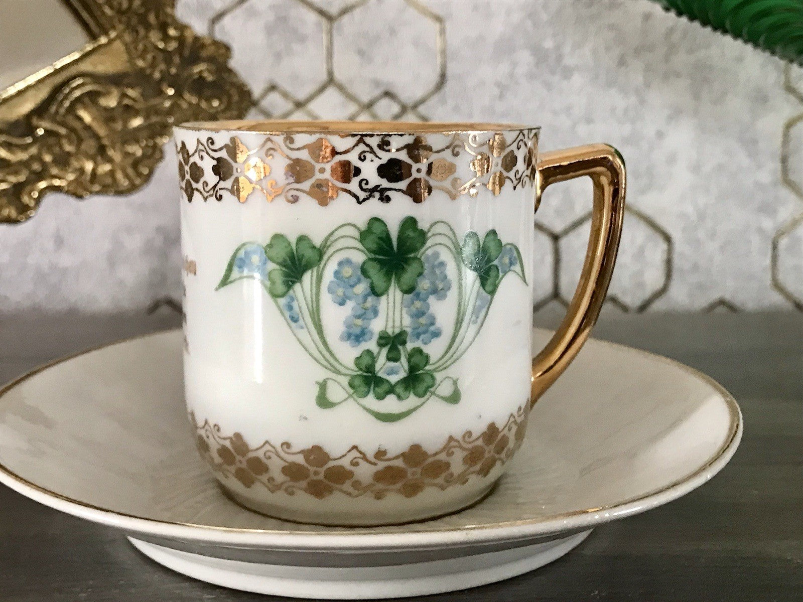 Antik Jugendstil Porzellan Andenken Gedeck Sammeltasse Tasse Geburtstag Spruch