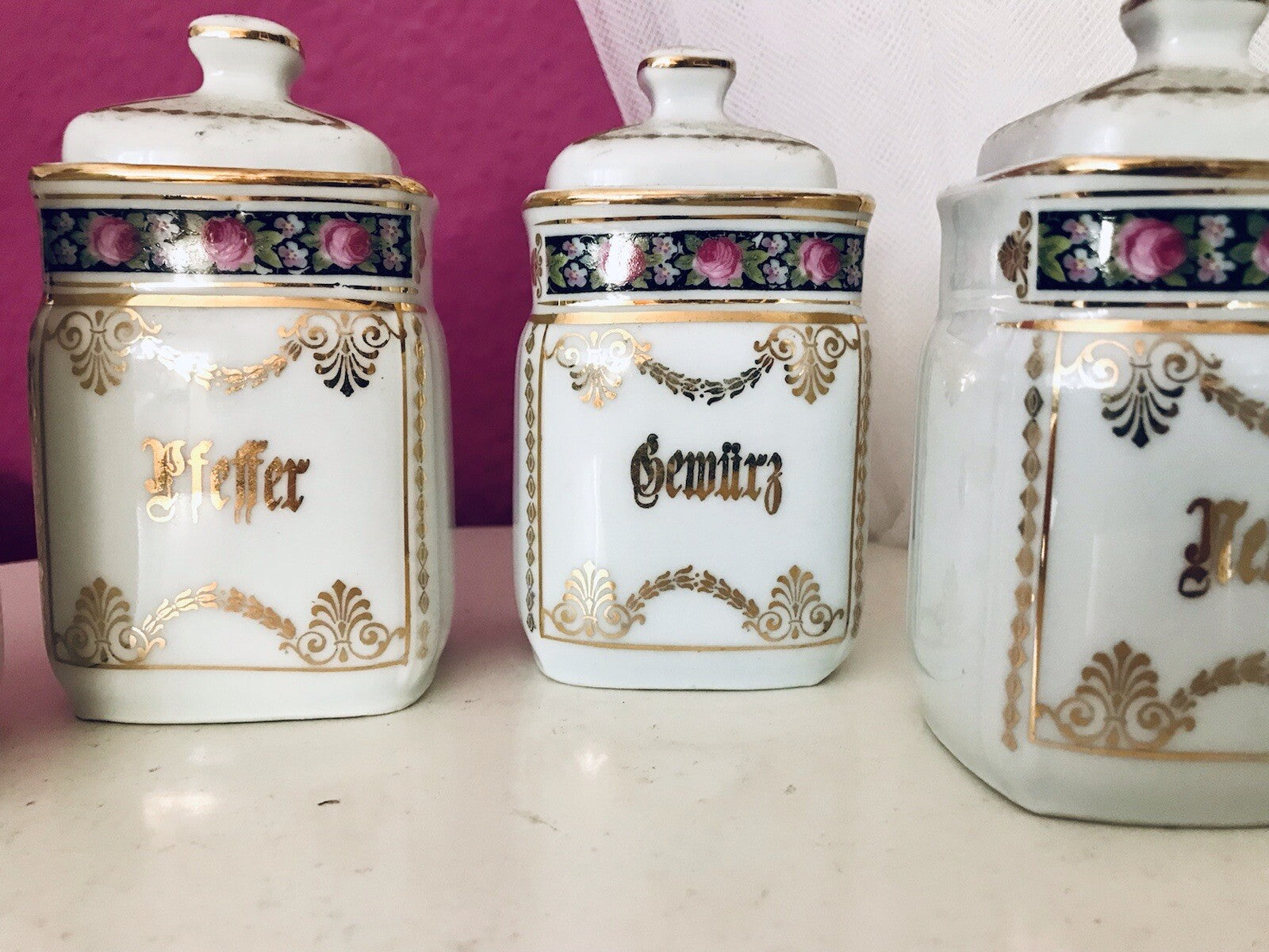 Antik 6x Porzellan Dose Vorratsdosen Gewürze Rosen Golddekor Jugendstil