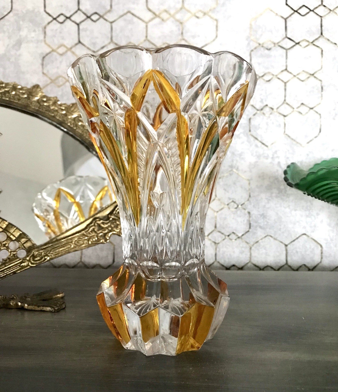 Antik alt Art Déco Stil Glasvase Bleikristall Vase Bernstein Gelbbeize Annahütte