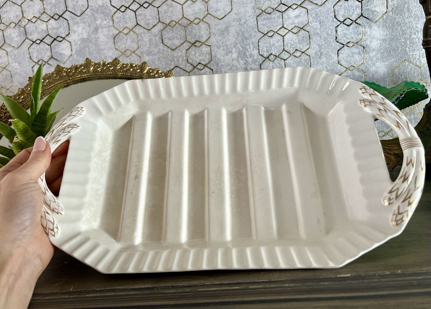 Antik Max Rösler Keramik Spargel Platte Schale  Creme weiß