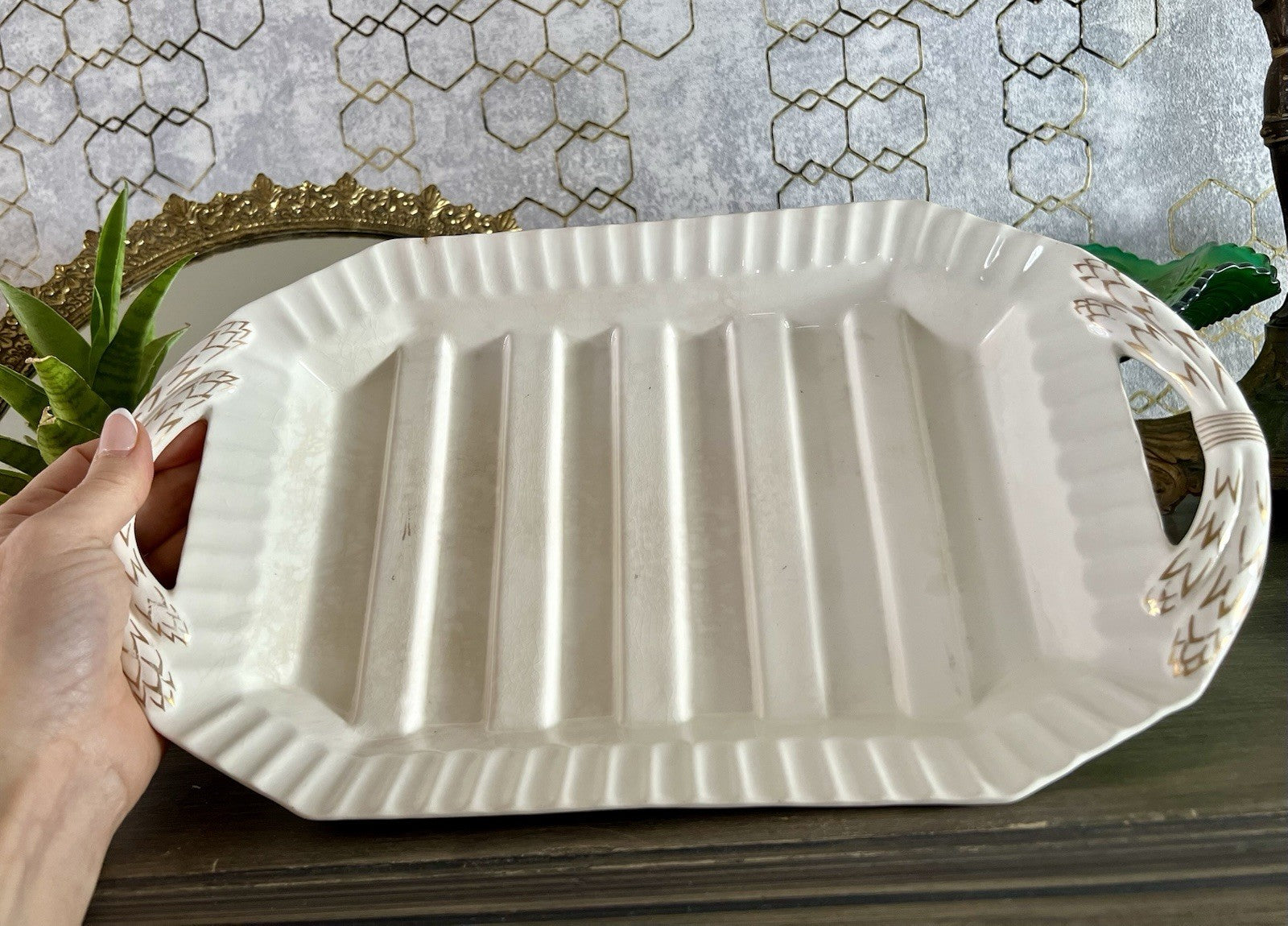 Antik Max Rösler Keramik Spargel Platte Schale  Creme weiß