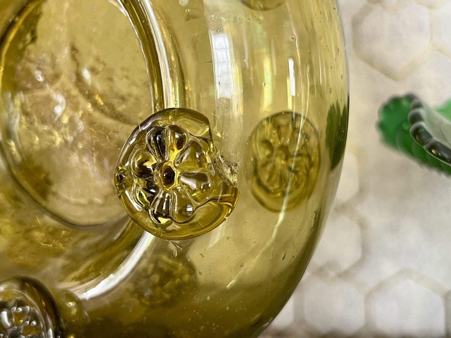 Antik Krug Karaffe Kanne Glas mundgeblasen Waldglas Nuppen FadenAuflagen ~1870