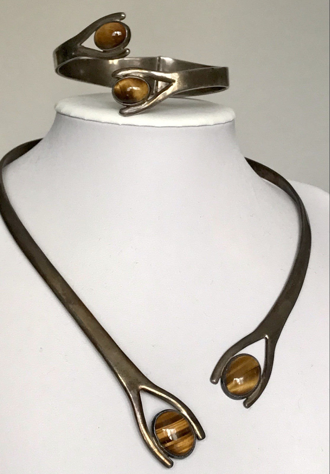 Vintage Set Halsreif Armspange Armband Collier 925 Silber Halskette Tigerauge