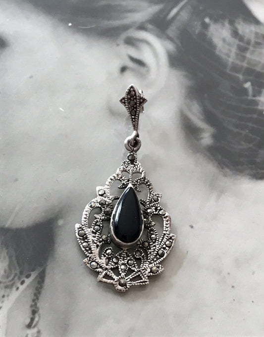 Antik Art Déco Wundervoll Ohrhänger Ohrringe DAMEN Silber 925 Onyx Markasite