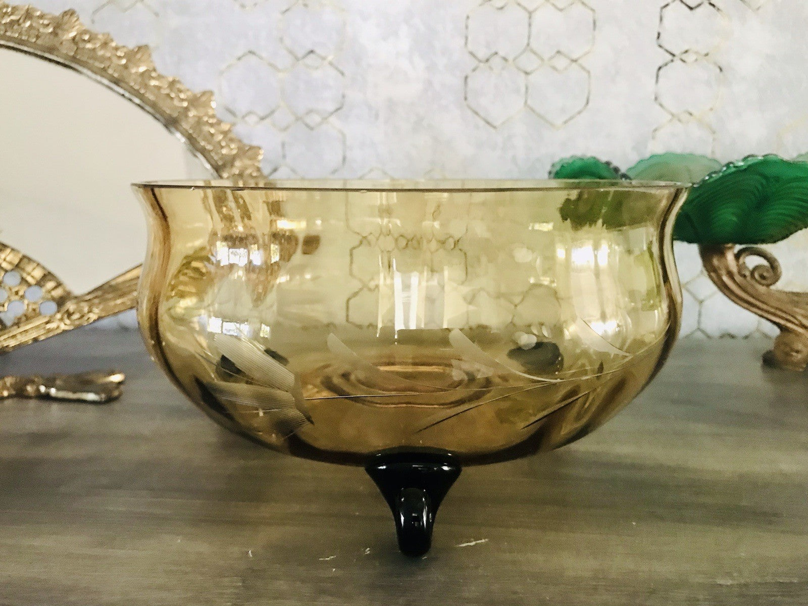 Antik Art Déco Schale Glasschale Bernstein Gelb schwarz Glas gerippt & Schliff